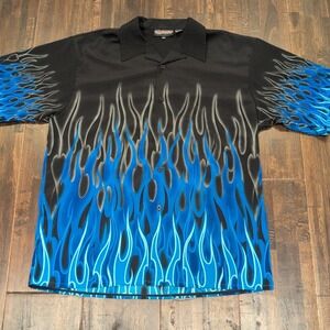 Vintage Sapphire Lounge Shirt Mens 2XL Black Blue Flames Button Up Y2K Grunge